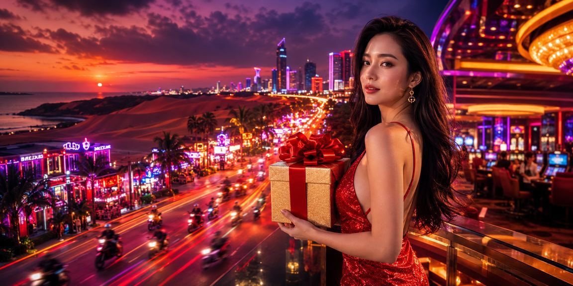 Ánh đèn neon rực rỡ tại Mũi Né với bầu không khí cá cược casino đêm khuya